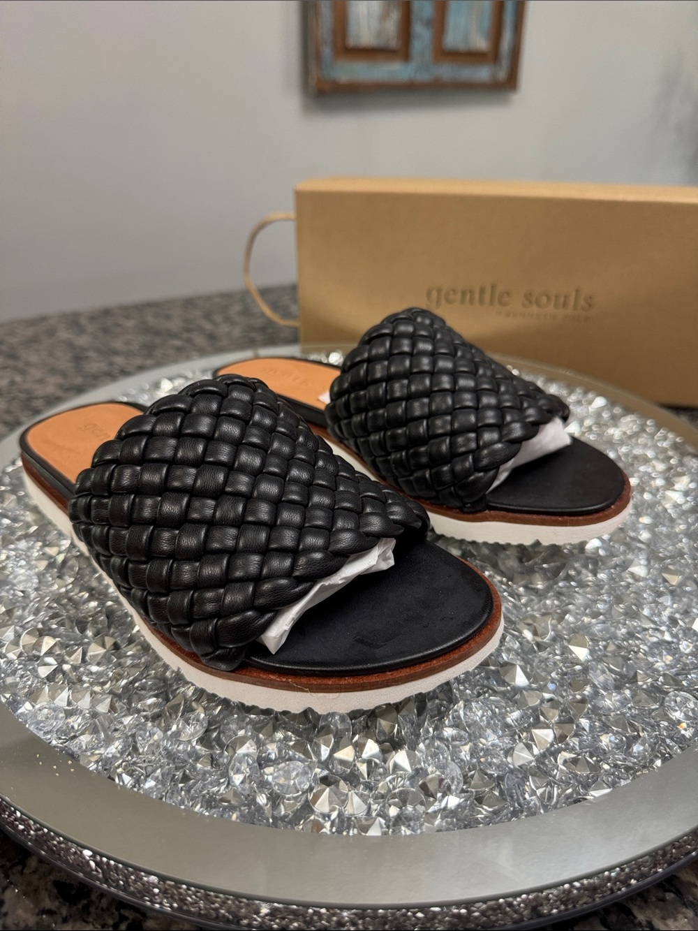 gentle souls leather Black Braided Slide Sandals NEW 6.5